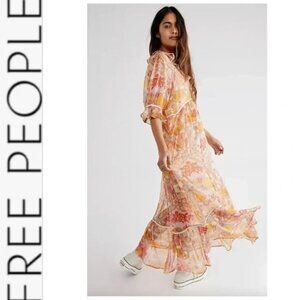 NWT Free People Carmella Printed Geometric Ruffle Maxi Dress XS